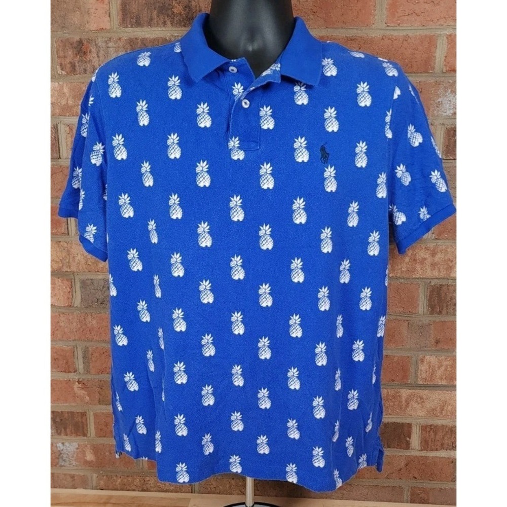 Polo Ralph Lauren Mens Large Blue White Pineapple Print Cotton Polo Shirt